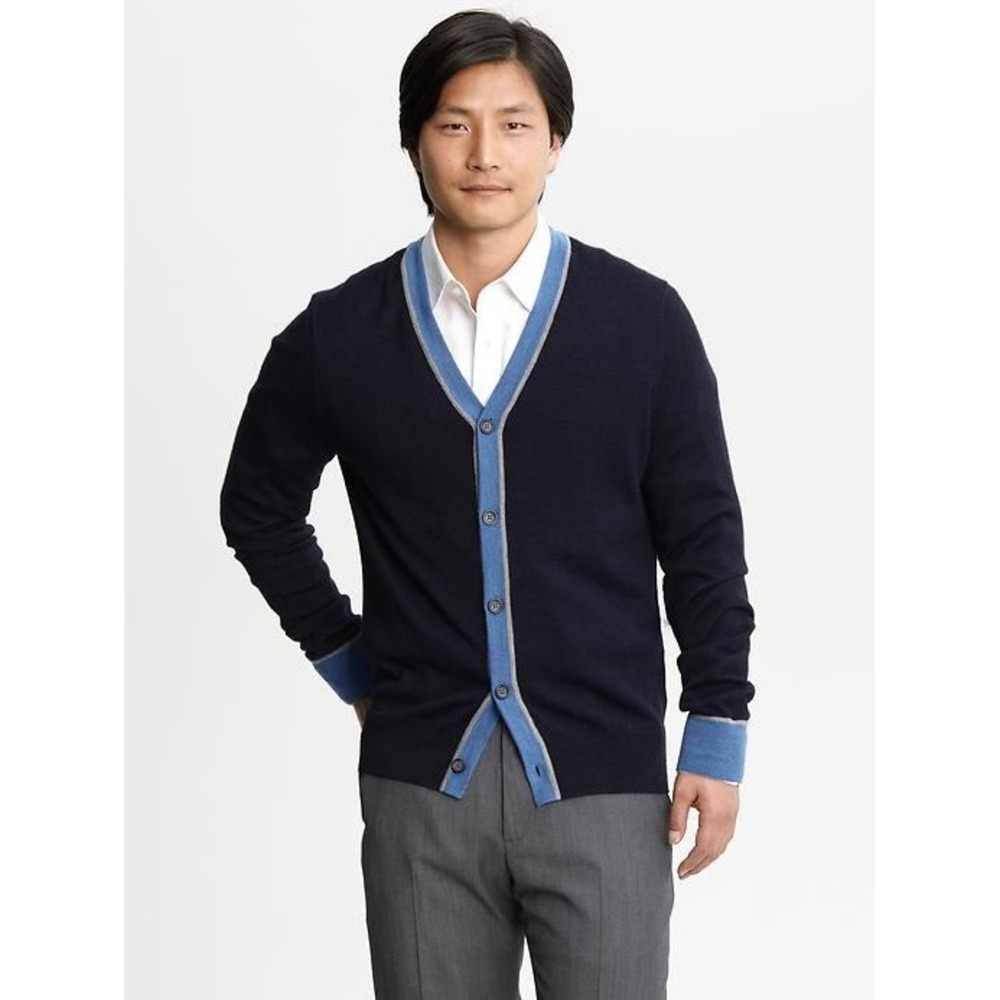 Banana Republic Extra-fine‎ Merino Wool Contrast-trim cardigan Navy Mens L